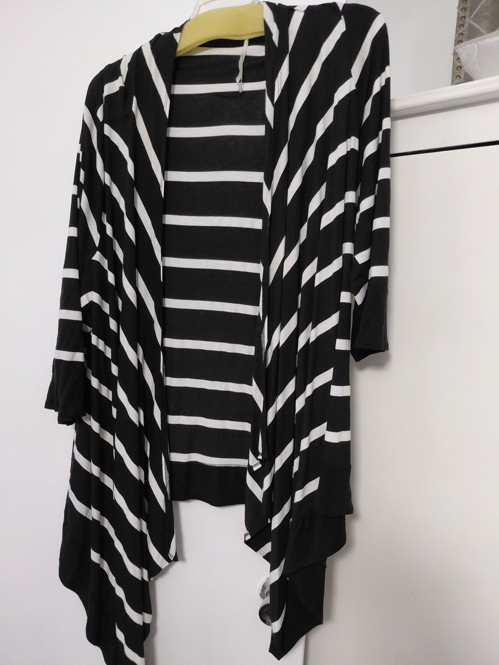 Avenue Black and White Striped Open Front Cardigan